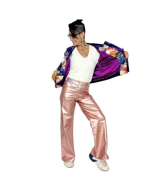 Lalipop Design Pink Metallic Finish Cotton-Blend Wide-Leg Pants