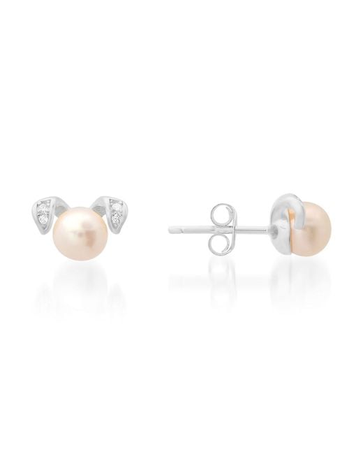 Kylie Harper White Sterling Puppy Dog Pearl & Diamond Cz Stud Earrings