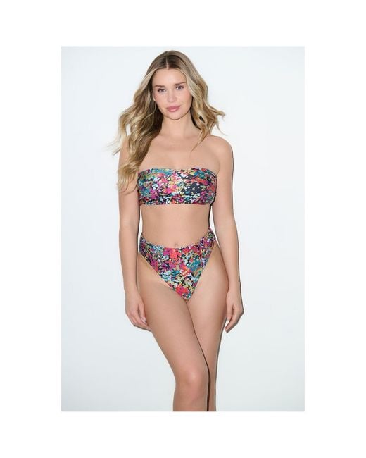 Playaluxe Red Capri Ruched High Waist Thong Bikini Bottom Confetti Floral