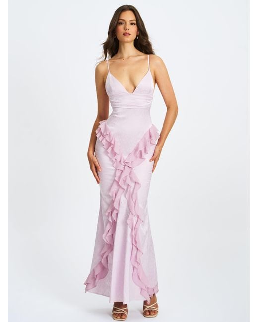 Miss Circle New York Purple Paolina Taro Jacquard Ruffle Mermaid Maxi Dress