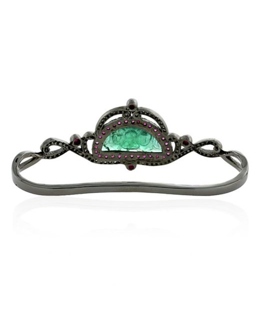 Artisan Green Carved Emerald & Ruby Pave Diamond In 18k Gold With Silver Designer Palm Bracelet