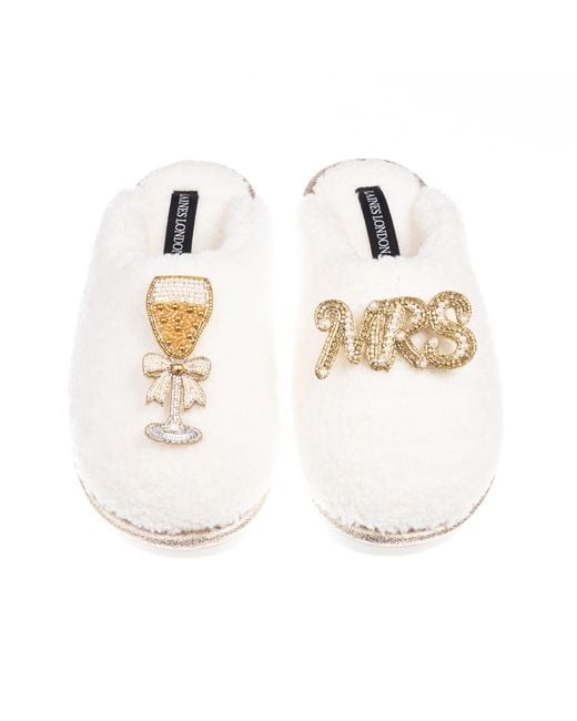 Laines London White Neutrals Teddy Closed Toe Slippers With Mrs & Wedding Champers Brooches