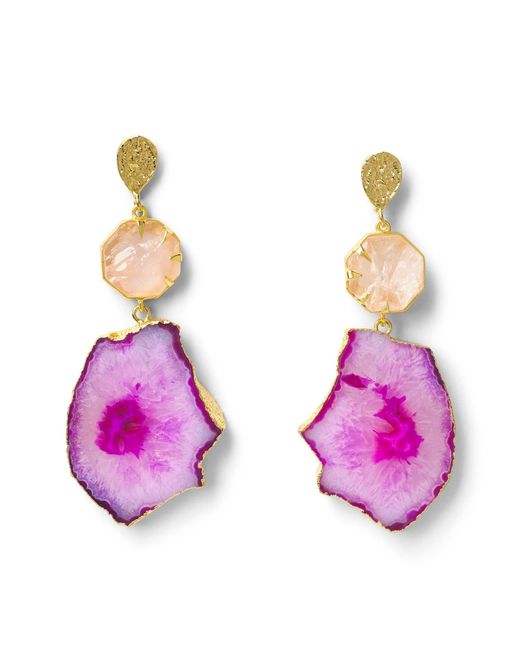 YAA YAA LONDON Purple 'hold On' Rose Quartz Pink Agate Gemstone Gold Statement Earrings