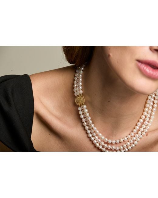 Pearls of the Orient Online White Stella Triple Strand Cultured Freshwater Pearl Necklace With Art Deco Style Vermeil Pave Clasp