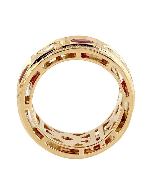 Artisan Metallic Natural Diamond Ruby Trendy Band Rings 18k Yellow Gold Handmade