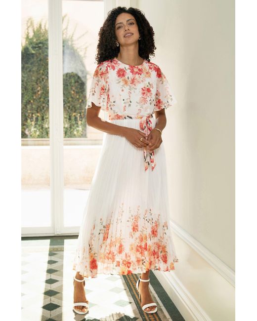 Yumi' Pink Mirror Floral Design Pleated Midi Dress