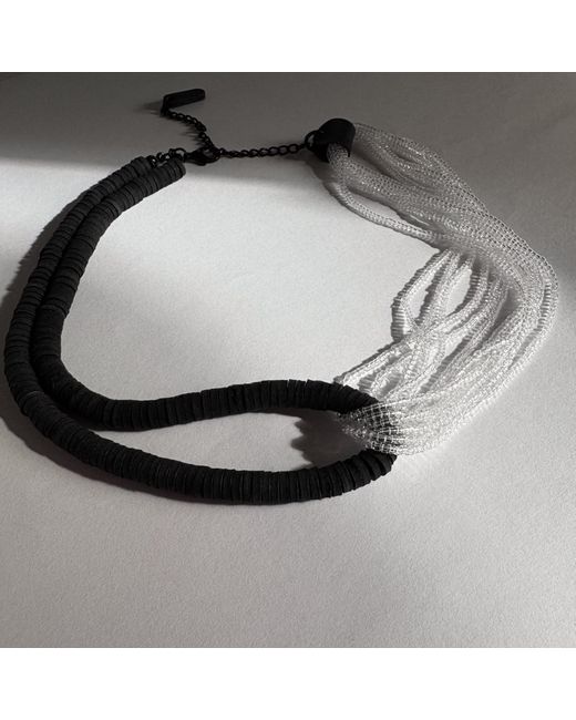 WAIWAI Black Interlock Leather And Glass Bead Necklace