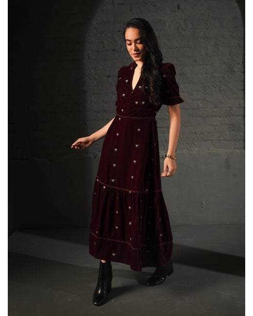 Rose & Nancy Purple Sara Burgundy Heart Embroidered Velvet Dress