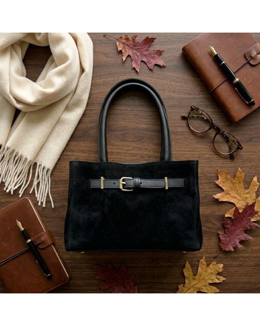 Harmain Leathers Ltd Black The Suede East-West Buckle Tote Bag – Onyx