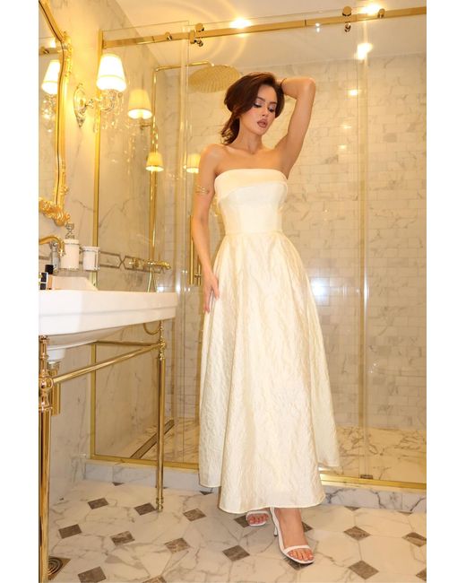 POST MERIDIEM Natural Cream Jacquard Midi Dress With Satin Turn-Up