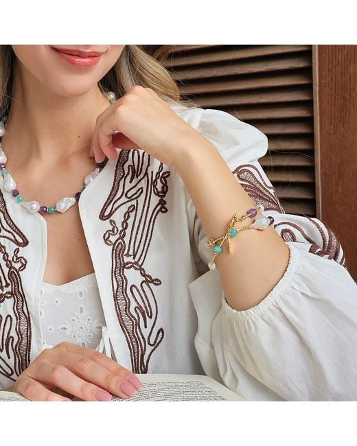 Farra Blue Baroque Pearls With Amazonite & Amethyst Double Layers Bracelet Choker