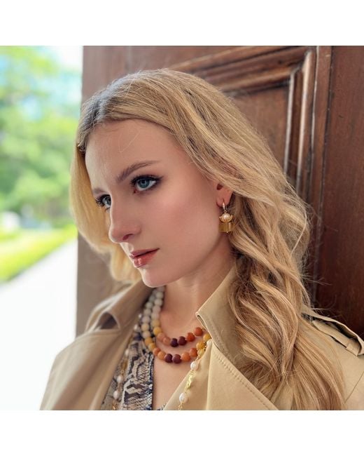 Farra Metallic Cylinder Shaped Citrine With Freshwater Pearl Dangle Earrings