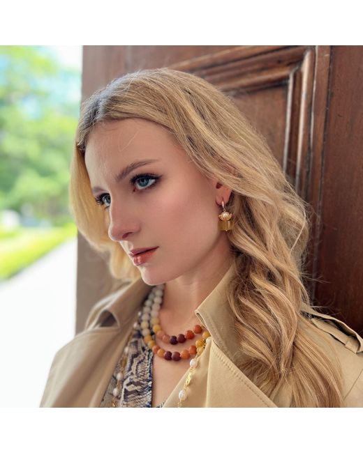 Farra Metallic Cylinder Shaped Citrine With Freshwater Pearl Dangle Earrings