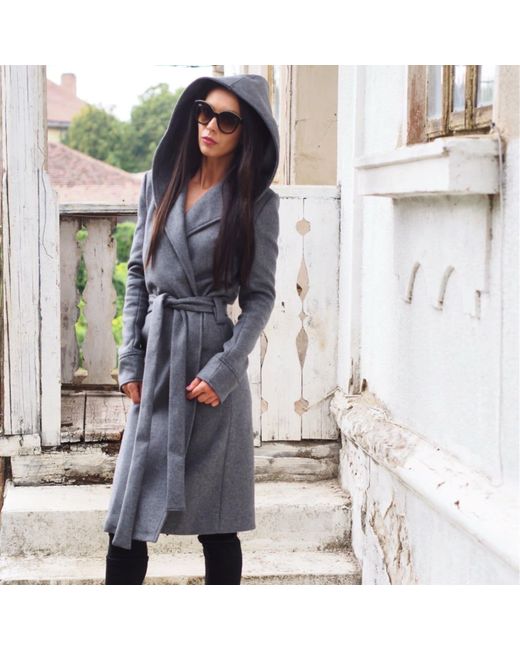 Adrenaline Fashion Blue Long Wool Coat With Hood And Belt – Handmade Designer Winter Overcoat