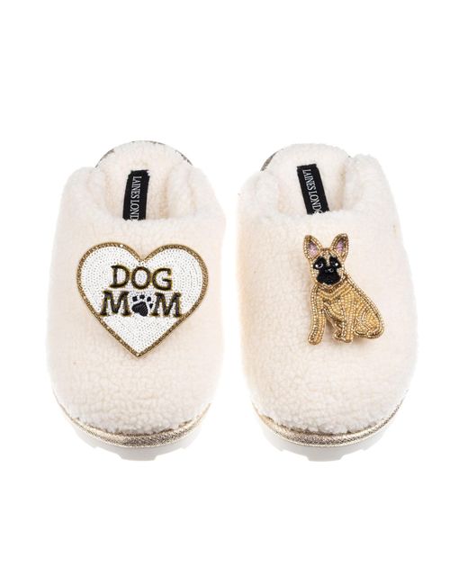 Laines London Metallic Neutrals Teddy Closed Toe Slippers With Dog Mum/Mom & Fawn French Bulldog Brooches