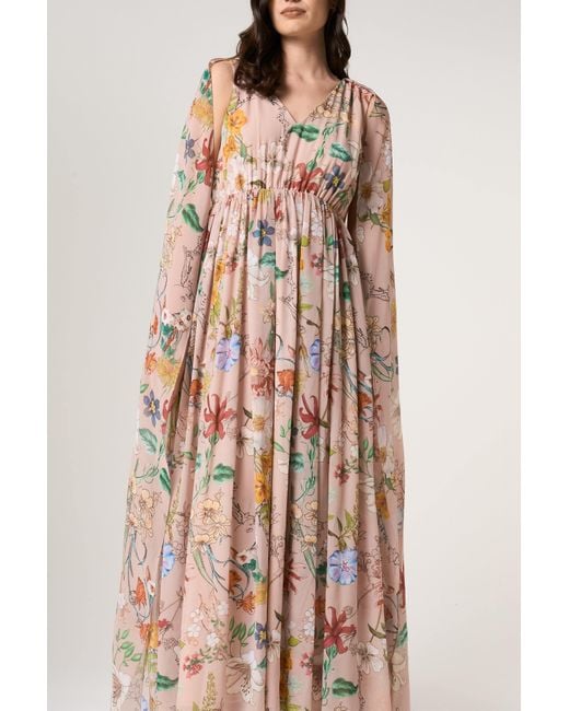 Frock and Frill Multicolor Neutrals Melia Floral Print Cape Sleeve Maxi Dress