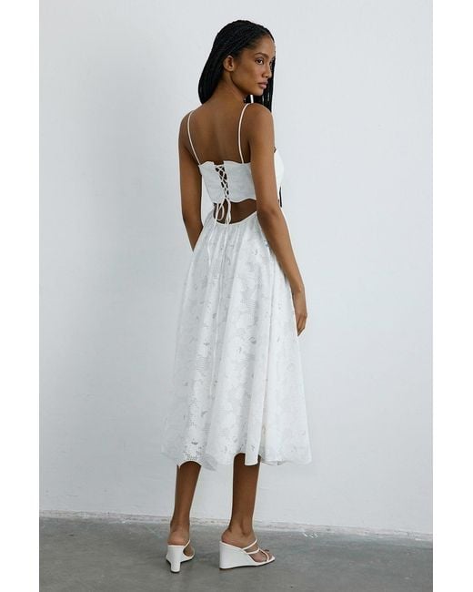 Rue Les Createurs White Thin Strap Midi Flared Dress
