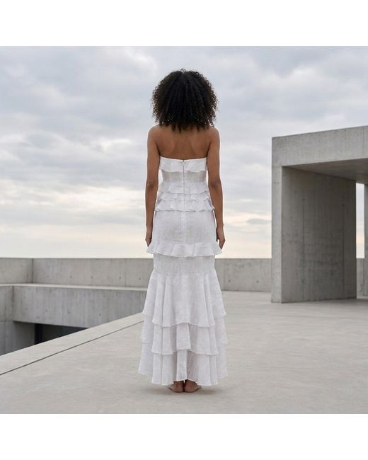Modenaire White Tiered Ruffle Maxi Dress Strapless Silhouette
