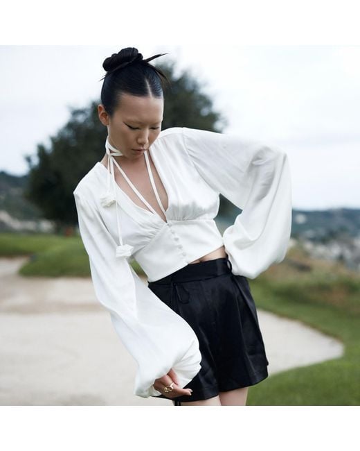 Lita Couture White Ample-Sleeve Satin Top