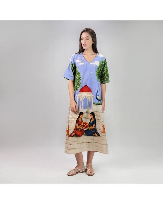 DHARA SHETH DUBAI Blue Saanjh Heritage Art Print Long Cotton Kaftan Dress