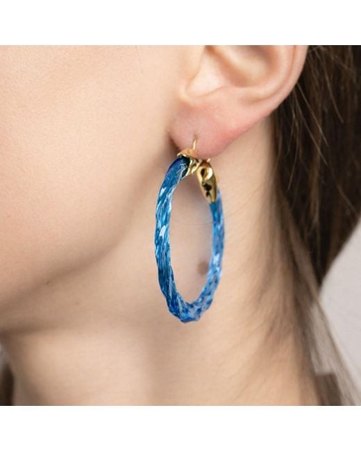 Gold & Honey Blue Topaz Swirl Twist Lucite Birthstone Hoop Earrings