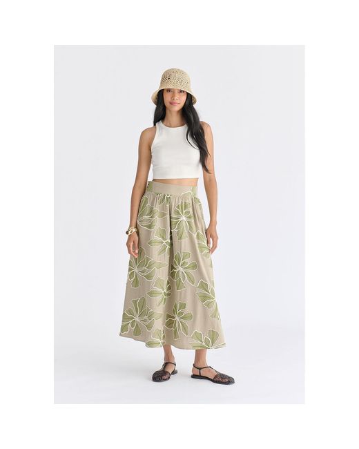 Paisie Natural Floral Embroidered Midi Skirt