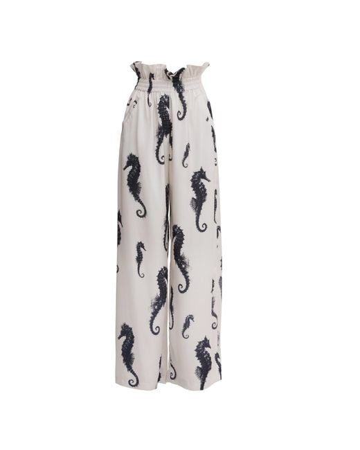 Julia Allert Gray Seahorse Print Paperbag Wide-Leg Palazzo Trousers – Ivory