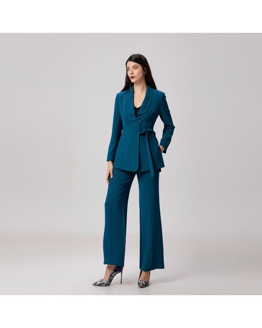 Smart and Joy Blue Long Tailor Knot On Waist Blazer
