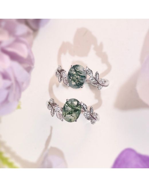 Azura Jewelry New York Green Between The Leaf Oval Moss Agate Ring Vermeil