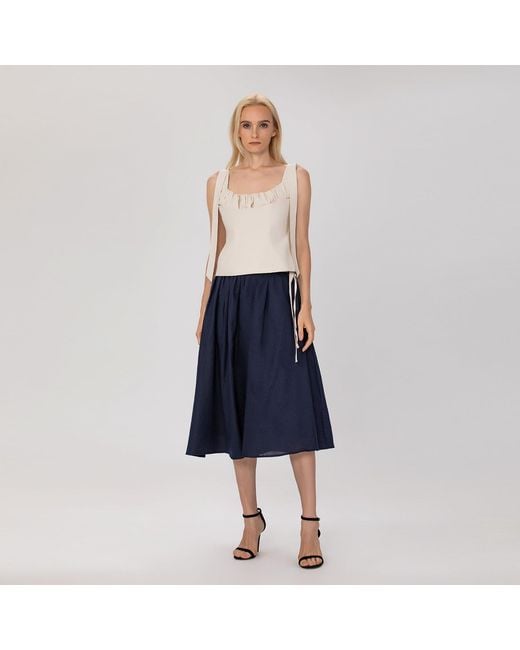 Smart and Joy Blue Flared Linen Midi Skirt