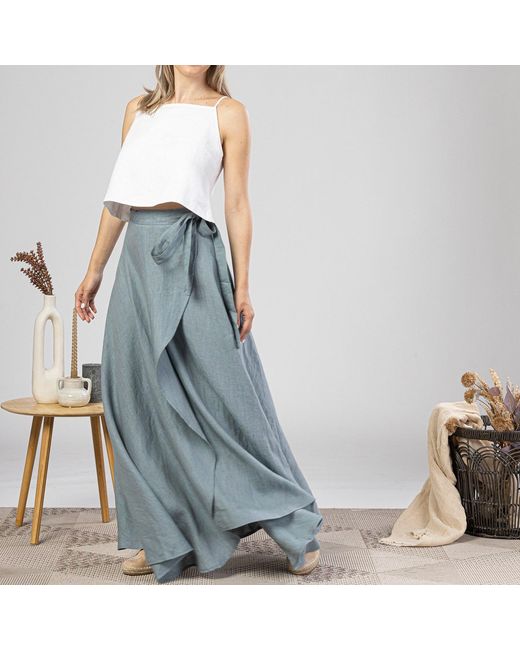Nikka Place Blue Summer Beach Linen Wrap Skirt With Tie