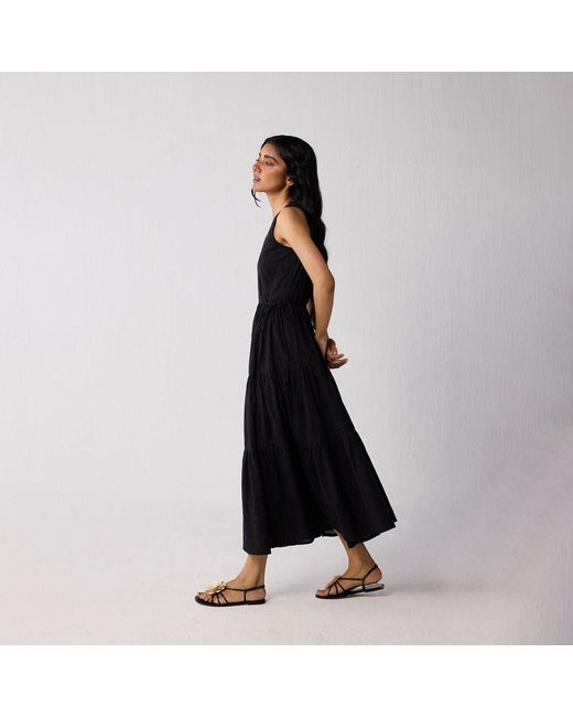 REISTOR Women's Black Sleeveless Embroidered Wrap Dress With Tiers