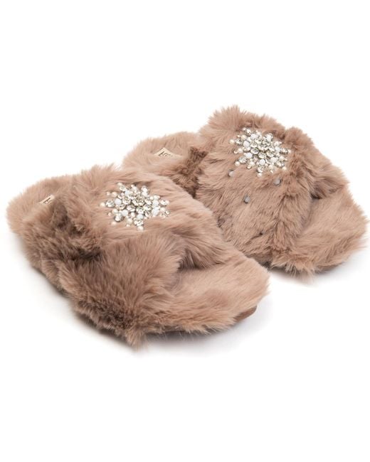 Rettrose Natural Neutrals Alice Mink Luxury Plush Diamanté Embellished Handmade Slipper