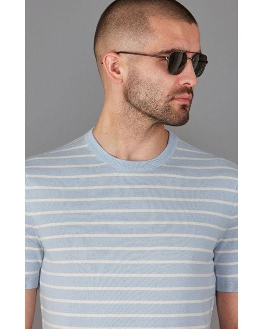 Paul James Knitwear Blue Mens Ultra-fine Cotton Javier Knitted Pin Stripe T-shirt for men