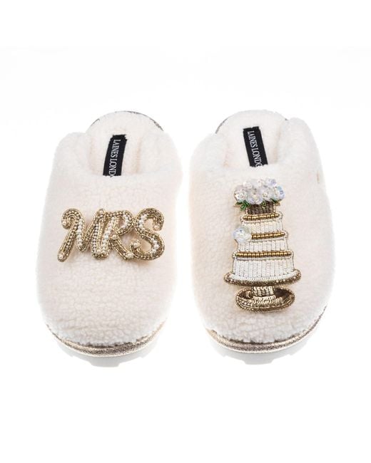 Laines London White Neutrals Teddy Closed Toe Slippers With Mrs & Wedding Cake Brooches