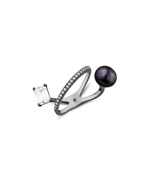 SALLY SKOUFIS Multicolor New Moon Ring With Natural Pearl & Made Cz Diamond Stimulant