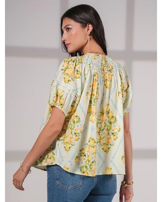 Rose & Nancy Yellow Kirsten Lemon Print Smock Detail Cotton Blouse