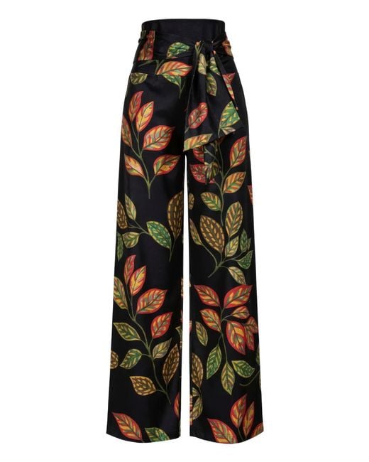Marianna Déri Black Wide-Leg Trousers With Leaf Print And Tie Belt