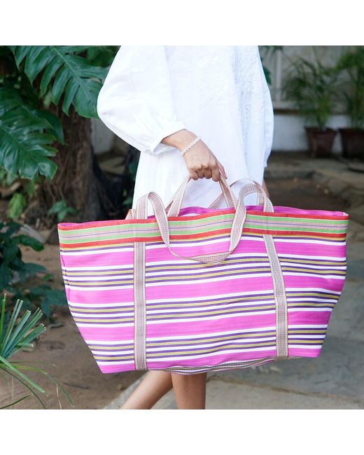 La Mandarine Blue Beach Bag, Xl Size, Colourful Striped Weekender Bag, Tote, Shopper, Recycled Nylon