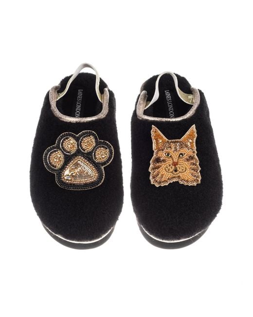 Laines London Black Flatform Cloud Slippers With Ginger Maine Coon Cat & Paw Brooches
