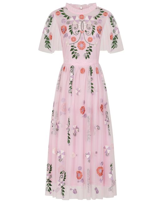 Frock and Frill Pink Althea Floral Embroidered Midi Dress