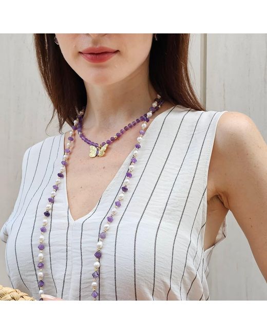 Farra Metallic Amethyst With Butterfly Pendant Necklace