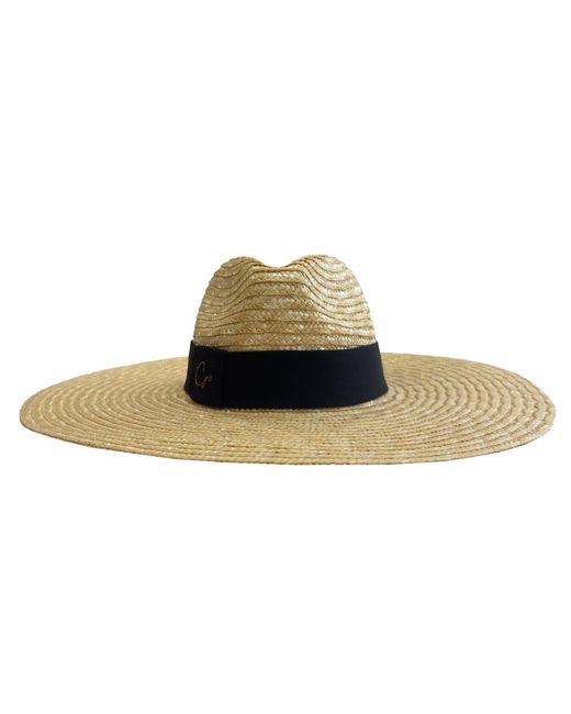 Chanel Joan Elkayam Black Neutrals Logo Embellished Wide Brim Natural Straw Fedora Hat