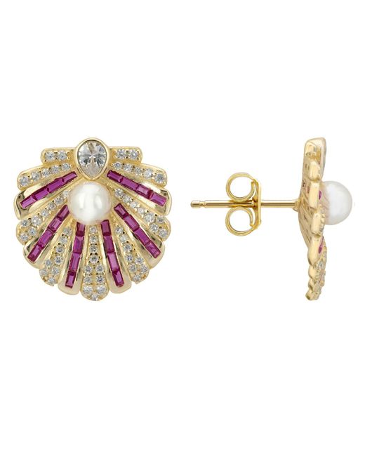 Latelita London Pink Art Deco Scallop Shell Earrings Ruby Red With Pearl Gold