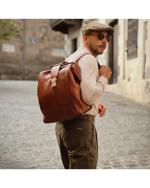 Time Resistance Brown Cognac Leather Backpack for men
