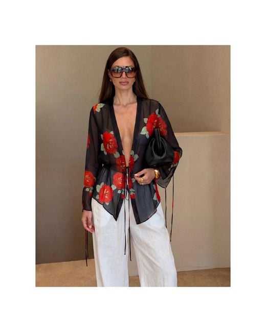 concept A trois Red Chiffon Blouse Adorned With Roses