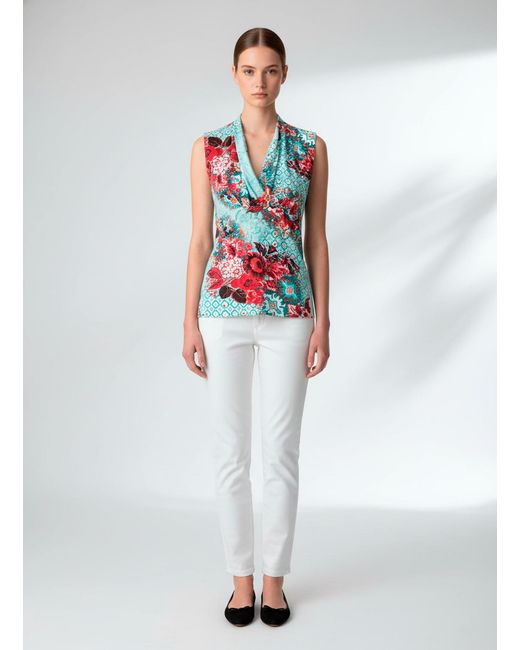 Conquista Red Chic Floral Sleeveless Top With Draped Neckline