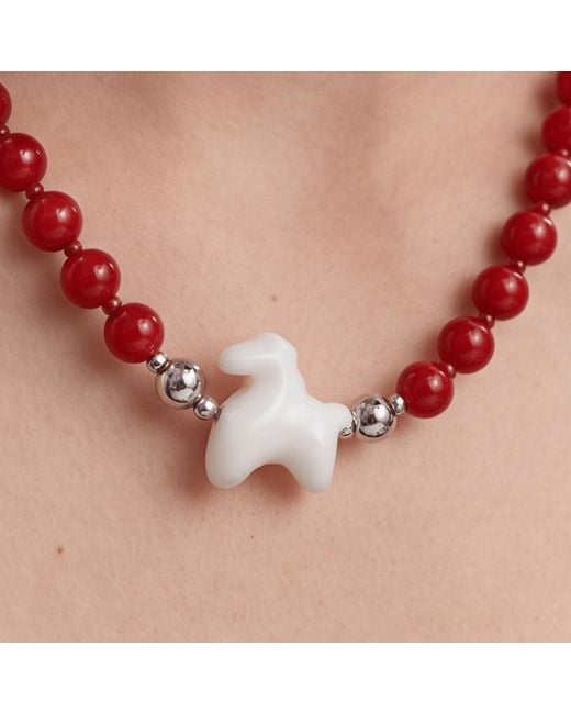 Ormiro Red Lucky Horse Carnelian & Jade Beaded Necklace