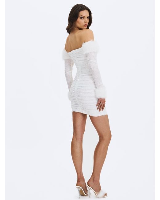 Miss Circle New York Gray Lani Lace Off-Shoulder Ruched Mini Dress