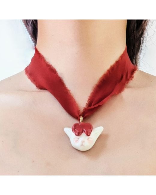 H2 Studio Red Angry Puss Ruby Silk Necklace Bowtie